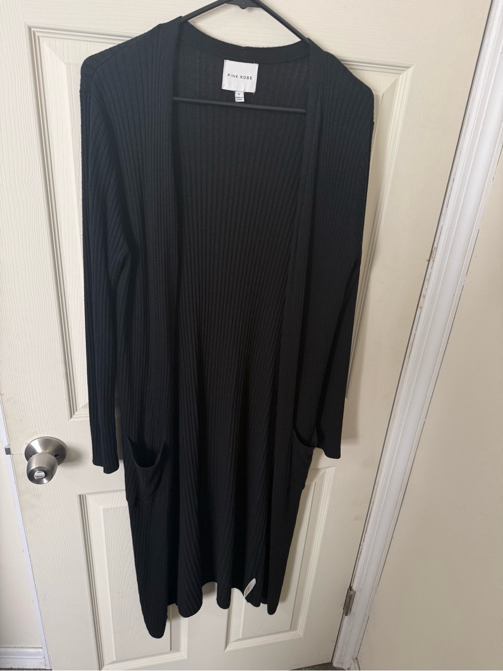 Pink Rose Black Ribbed Long Open-Front Cardigan